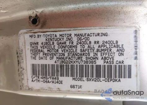 2000 Toyota Camry Ce from USA, damaged, VIN 4T1BG22KXYU738385